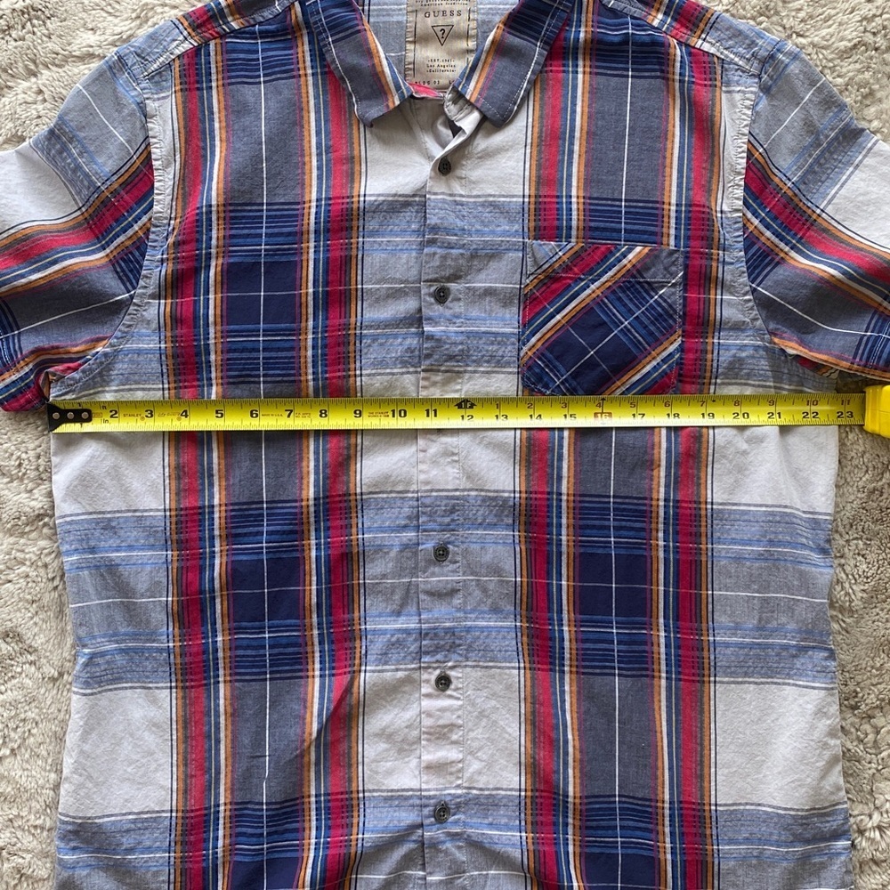 Men’s Guess Slim Fit Button Up Short Sleeve Shirt Blue and Red Plaid Size XL - Picture 5 of 8